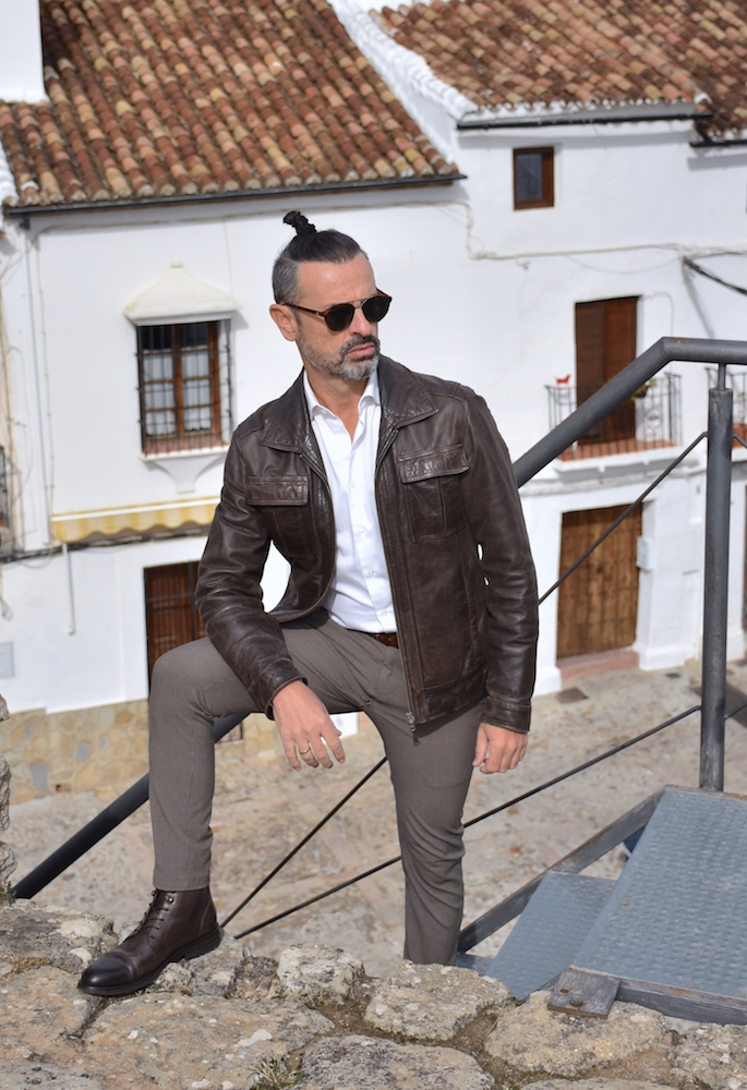 mens fashion brown leather jacket boots white shirt