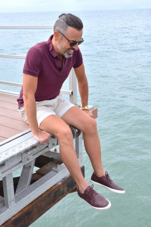 mens summer outfit red polo beige shorts