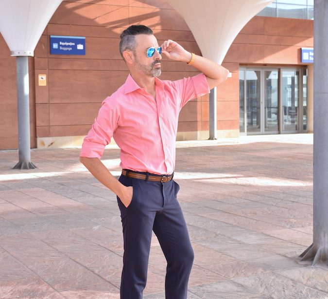 navy blue trousers men outfit pink shirt brown loafers
