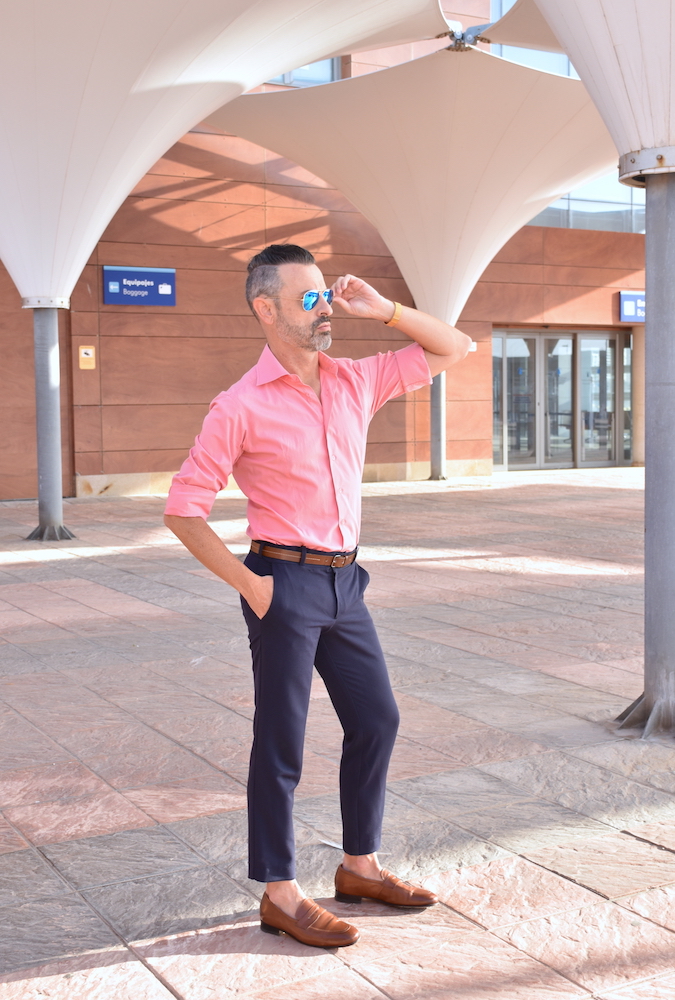navy blue trousers men outfit pink shirt brown loafers