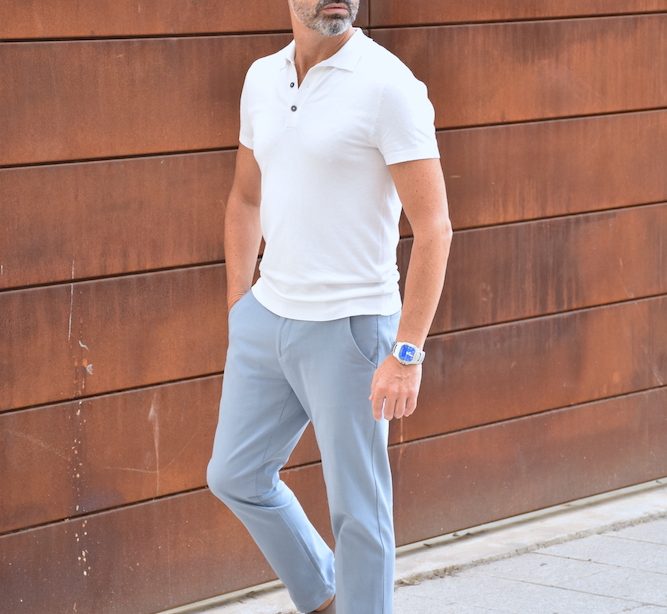 men outfit summer blue pants suede shoes white polo