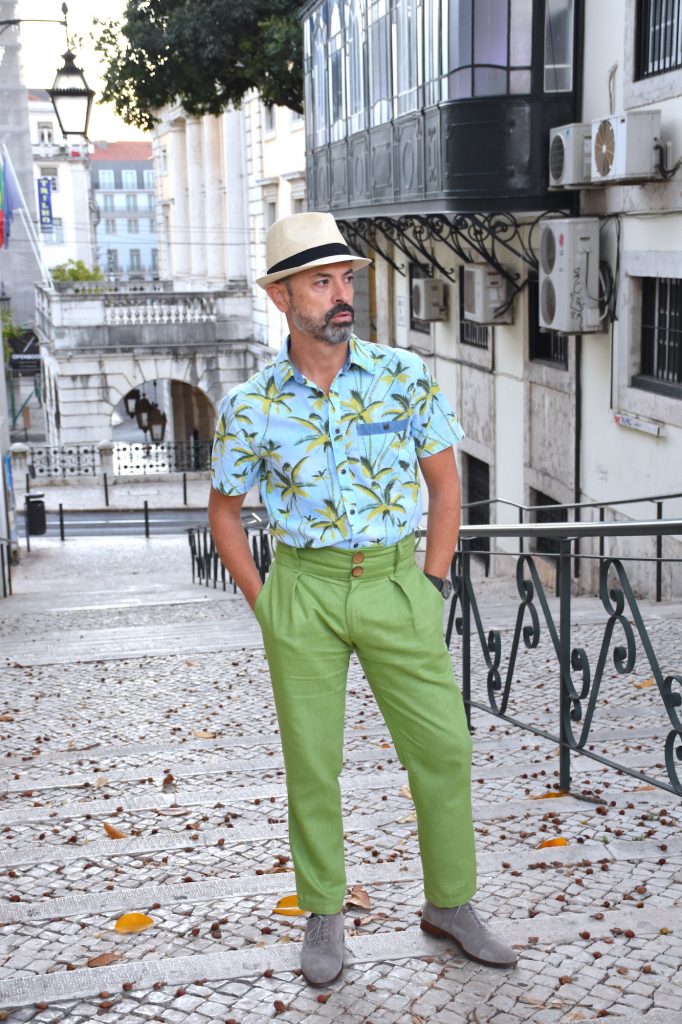 pantalon pinzas hombre verde lino camisa hawai