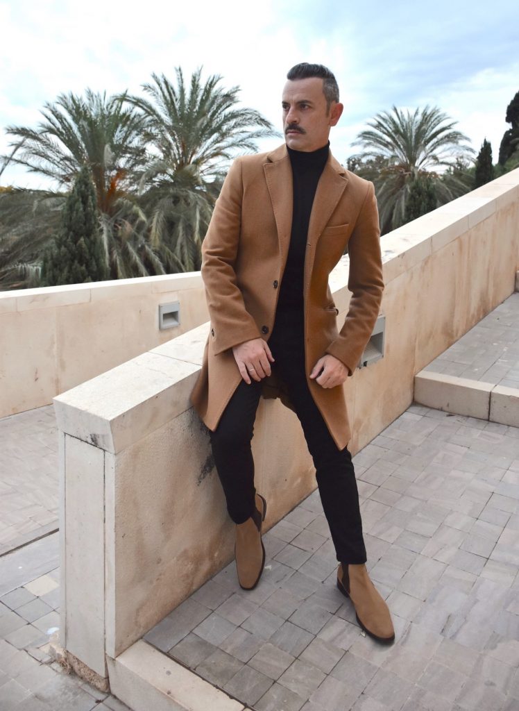 chelsea beige boots men camel coat
