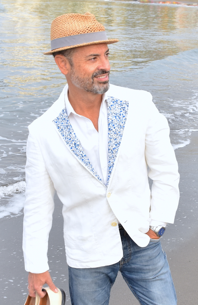 moda hombre verano chaqueta lino blanca vaqueros