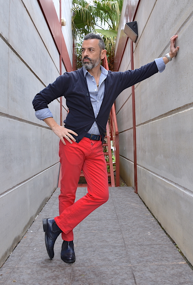 men red pants trousers blue cardigan fashion outfit