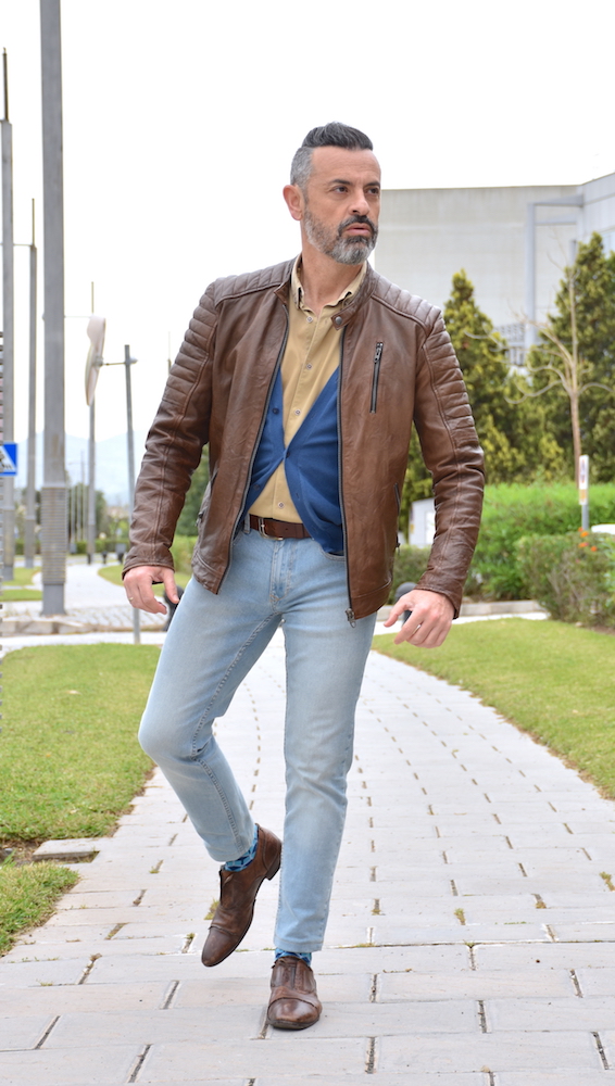 moda hombre leather jacket men outfit brown