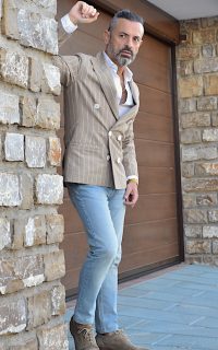 double breasted blazer jacket beige white buttons men suits
