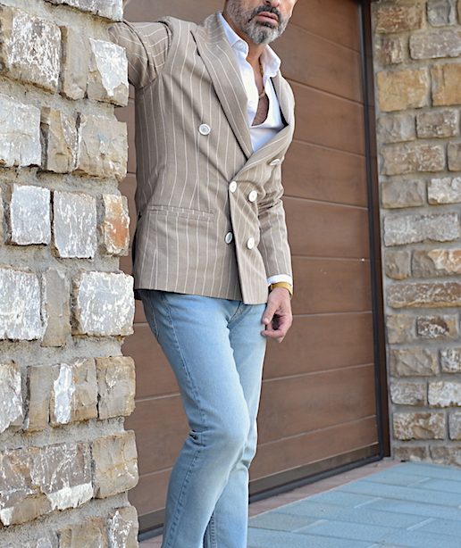 double breasted blazer jacket beige white buttons men suits