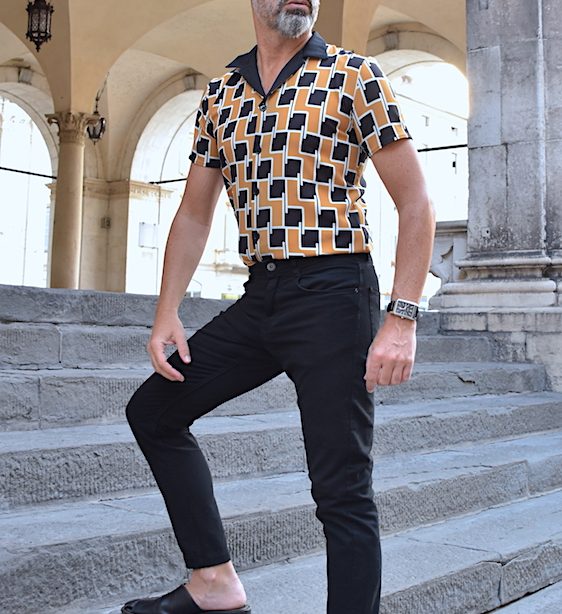 mens fashion summer outfit black sandals yellow shirt