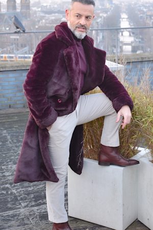 men fashion outfit winter coat fur burgundy
