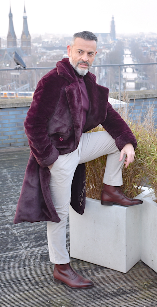 men fashion outfit winter coat fur burgundy