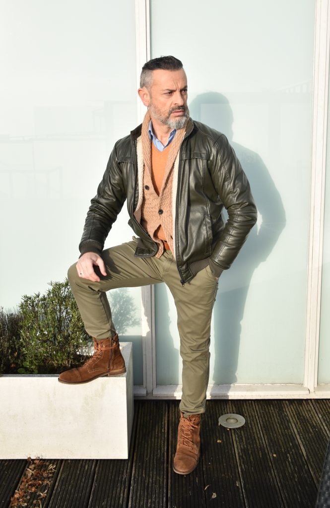 men winter fashion brown boots cardigan