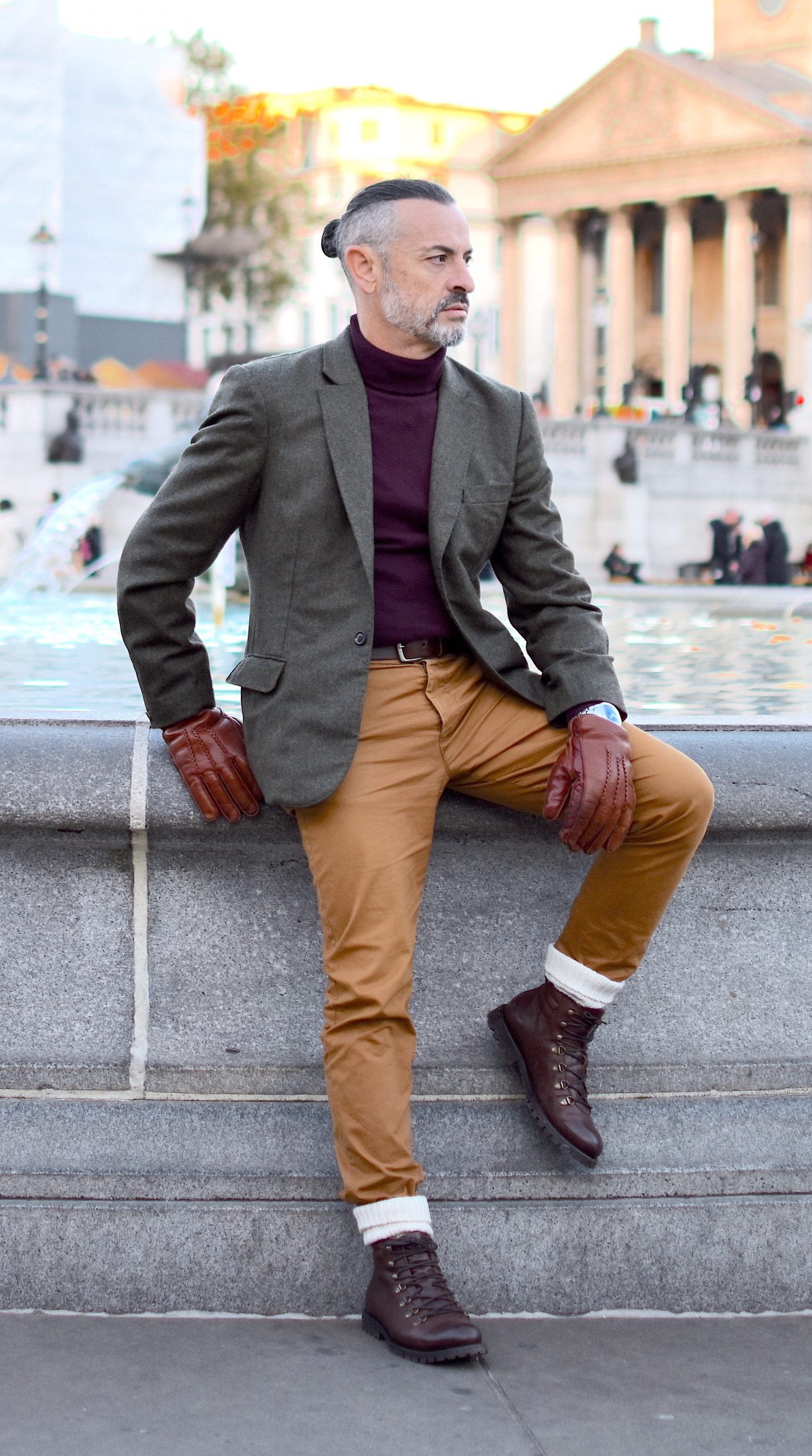 men fashion look brown boots winter blazer